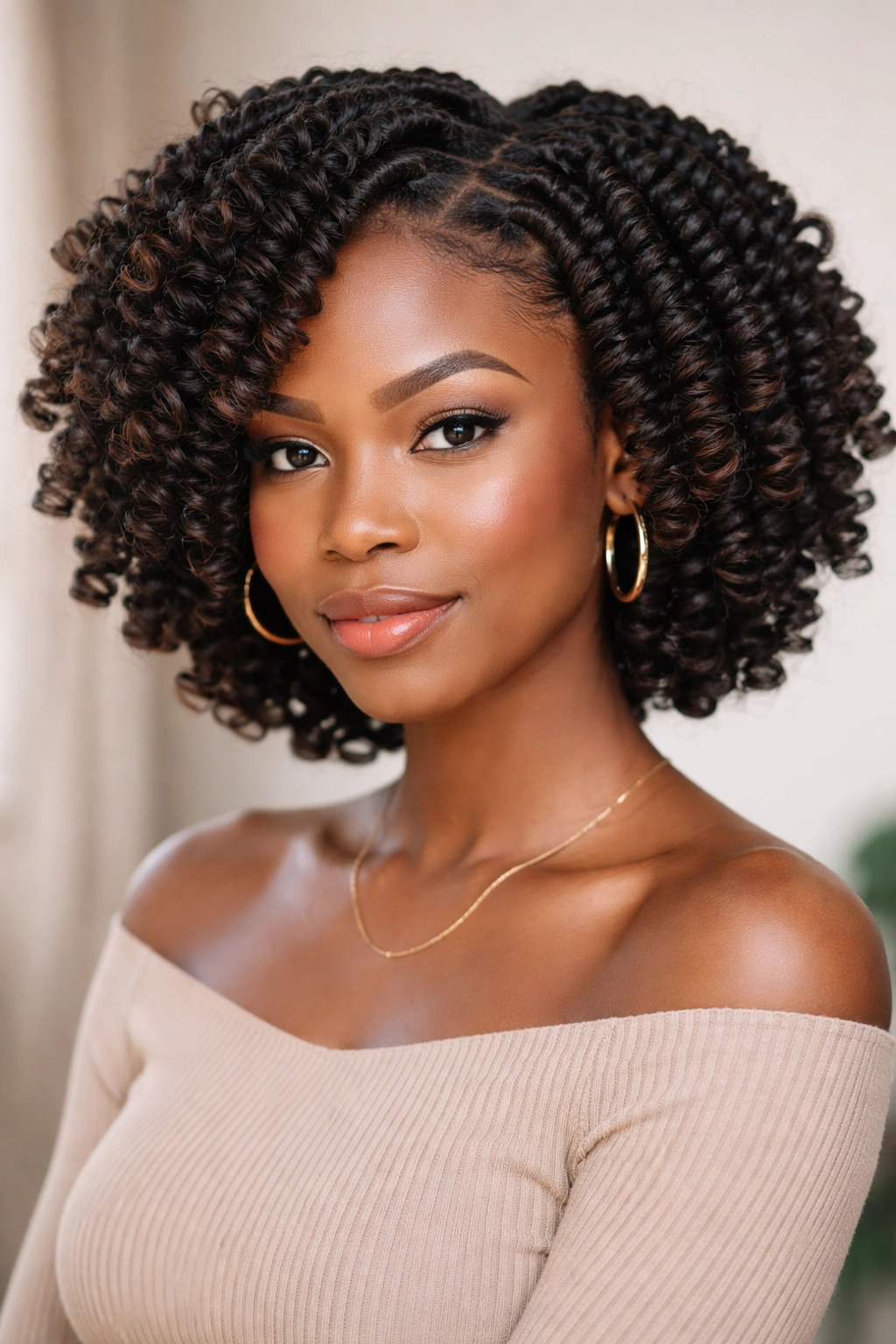 Portrait of perm rod set with twisted roots showing tidy curl ends.