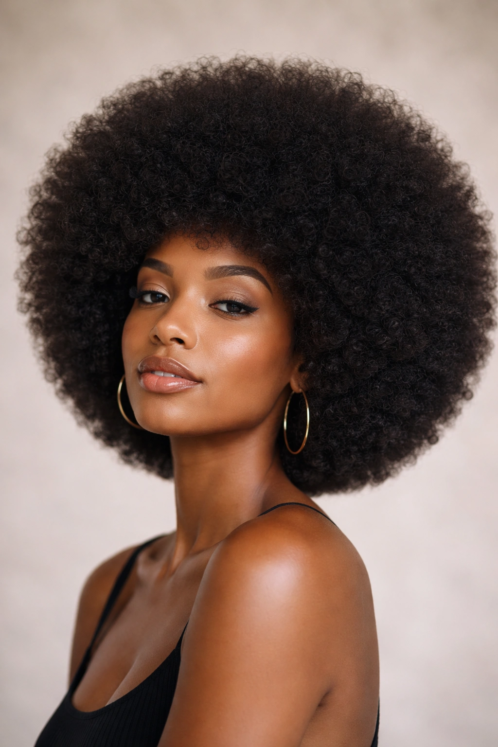 Close-up of a large picked-out Afro with balanced width on a model, studio lighting.