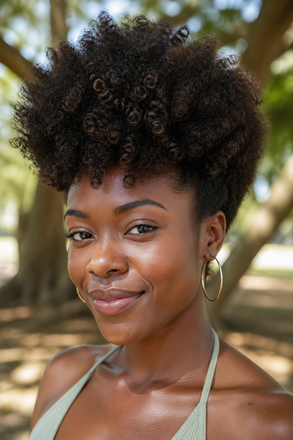 Close-up portrait of a real woman with a picked-out crown afro