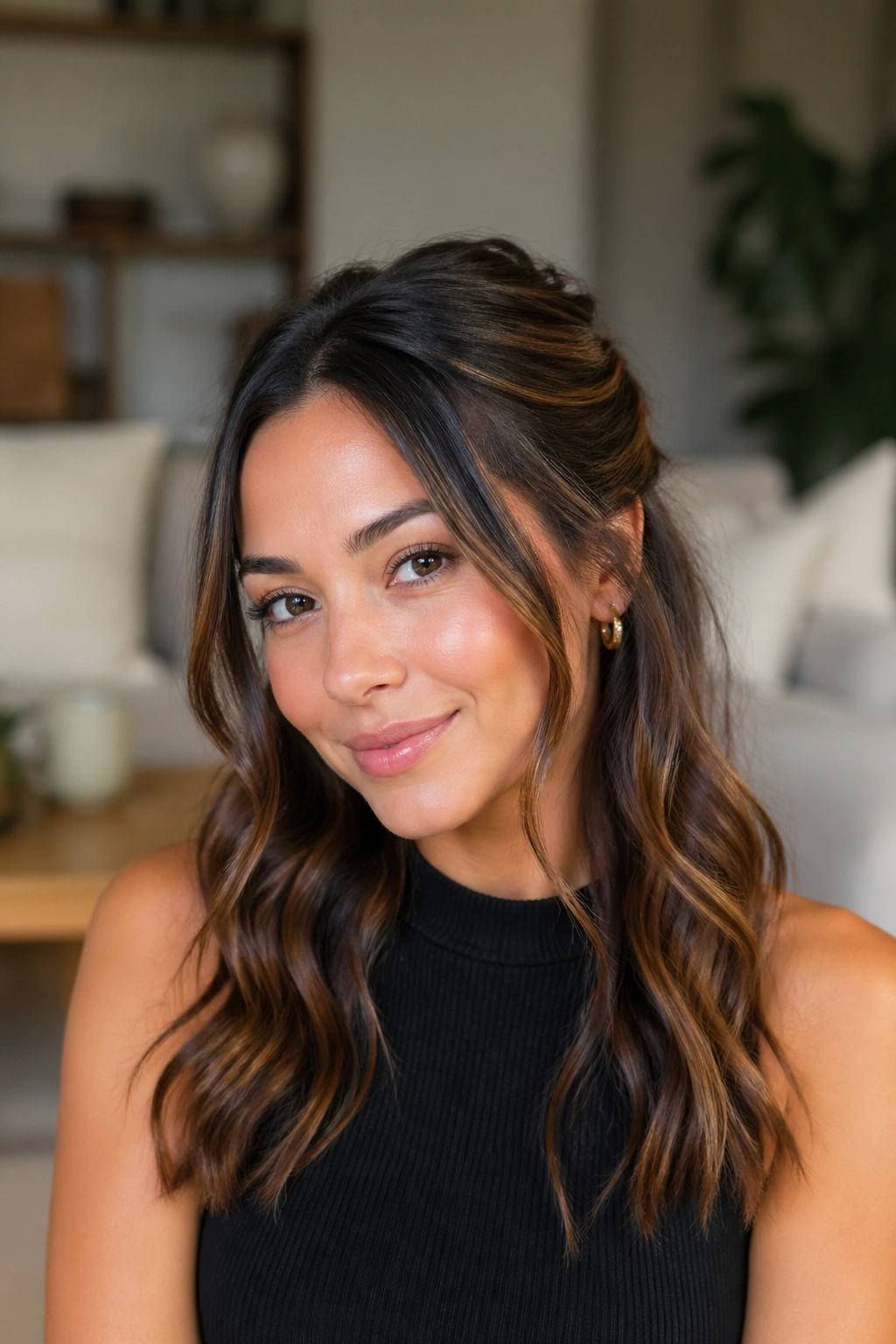Close-up of a real woman with piece-y waves in the down section of a half-up hairstyle
