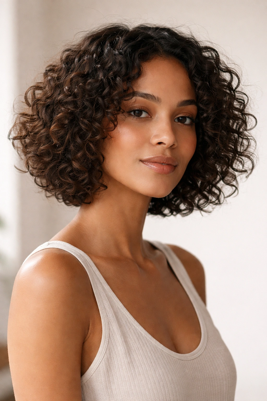 Medium shot of a piecey curly bob with airy ends and movement