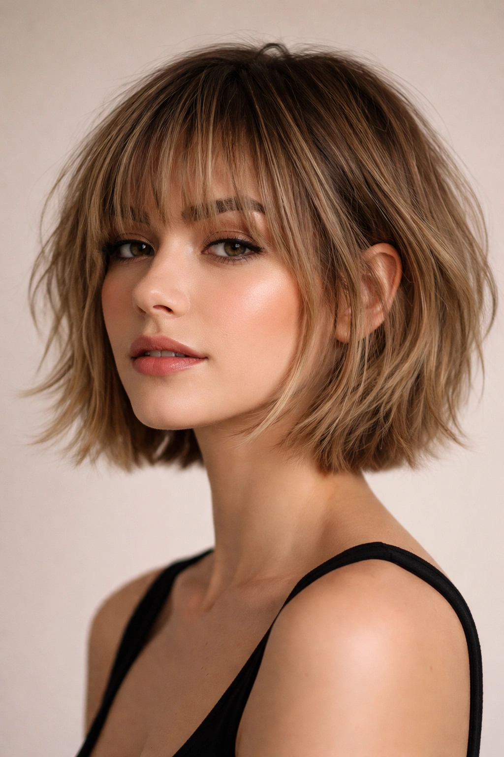 Piecey bob with arched brow-grazing bangs showing separate textured sections