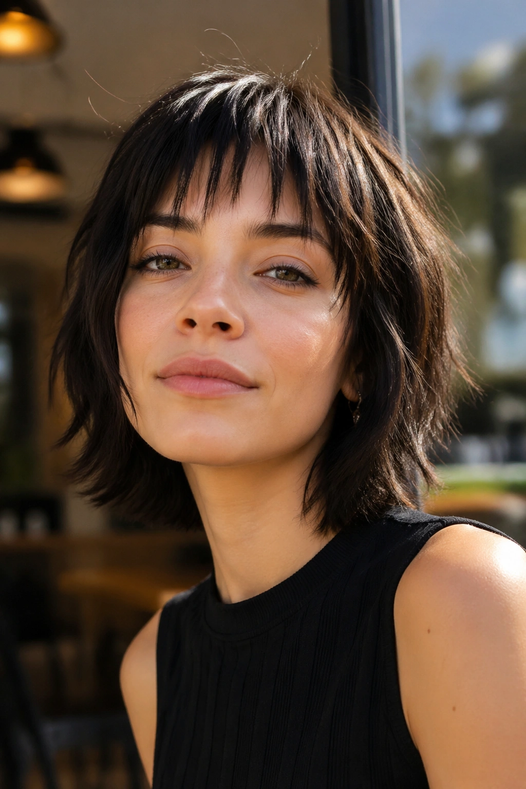 Portrait of a real person with a piecey wolf cut bob and wispy micro bangs