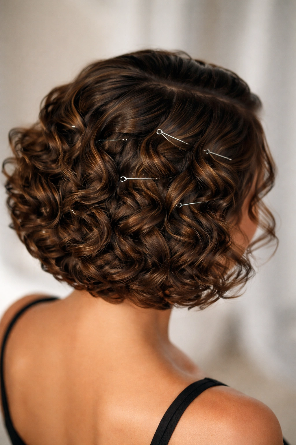 Curly bob with sculpted pin curls pinned against the head.