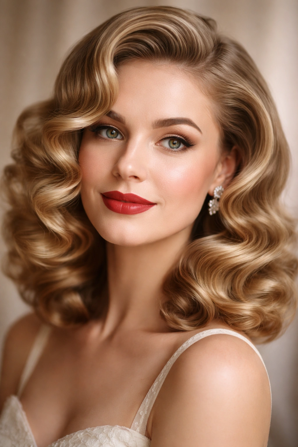 Head with pin curls brushed into soft waves for vintage look