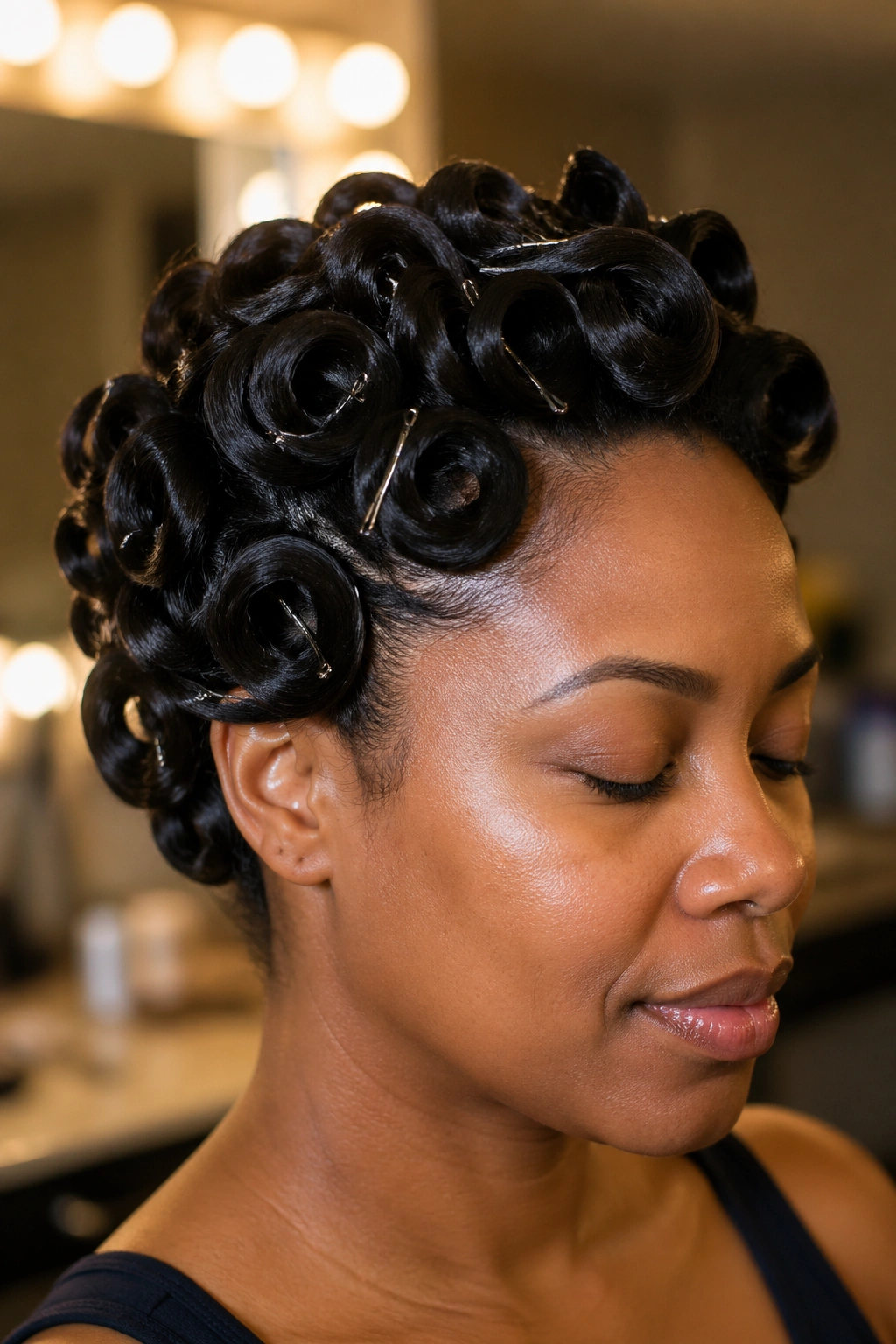 Real person with pin curls neatly rolled and secured at the scalp