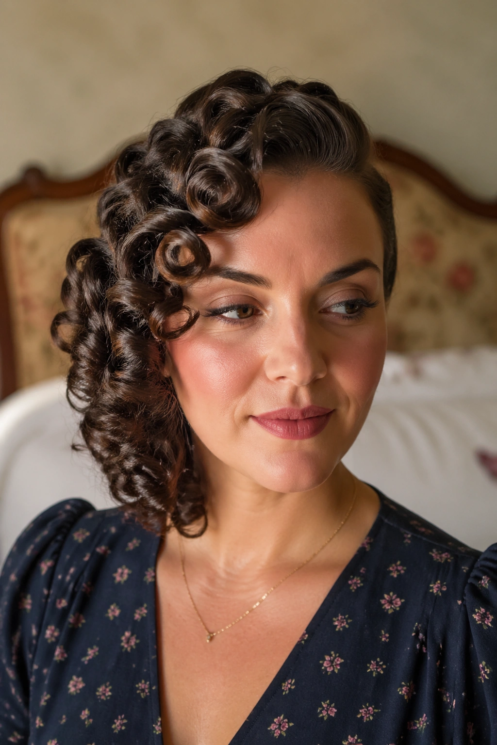 Real woman with pin-curled hair swept to the side in a vintage-inspired room