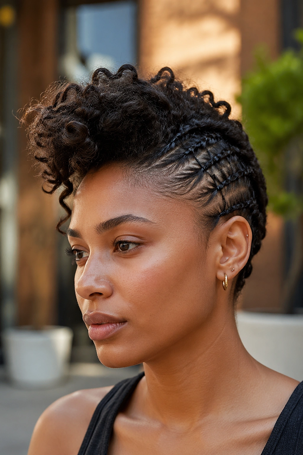 Close-up portrait of a real person with a pin-swept faux hawk, sides pinned up