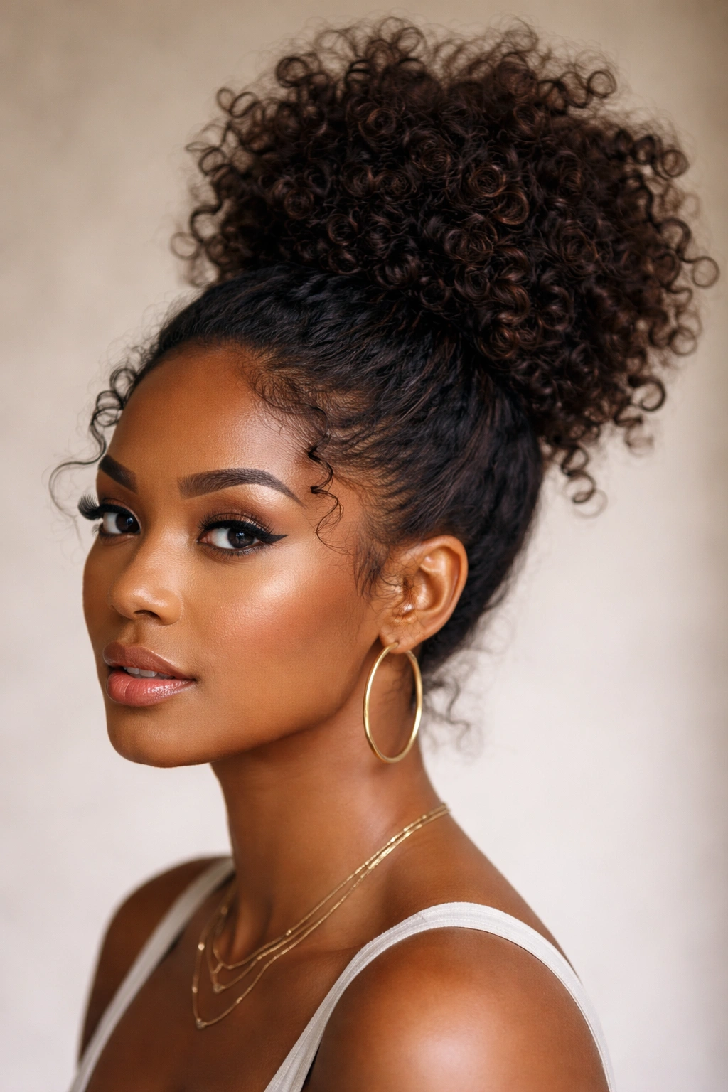 Pineapple afro bun with high crown lift and exposed curls