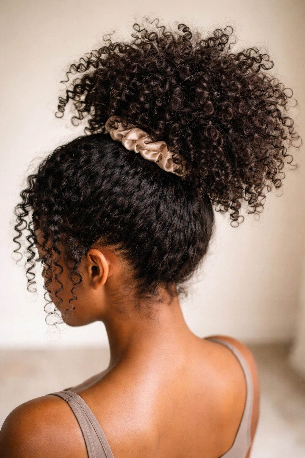 Top-down view of a pineapple afro with crown lift and loose curls
