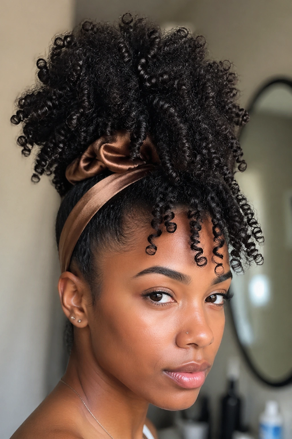 Close-up of a woman with a high pineapple bun at the crown in soft light