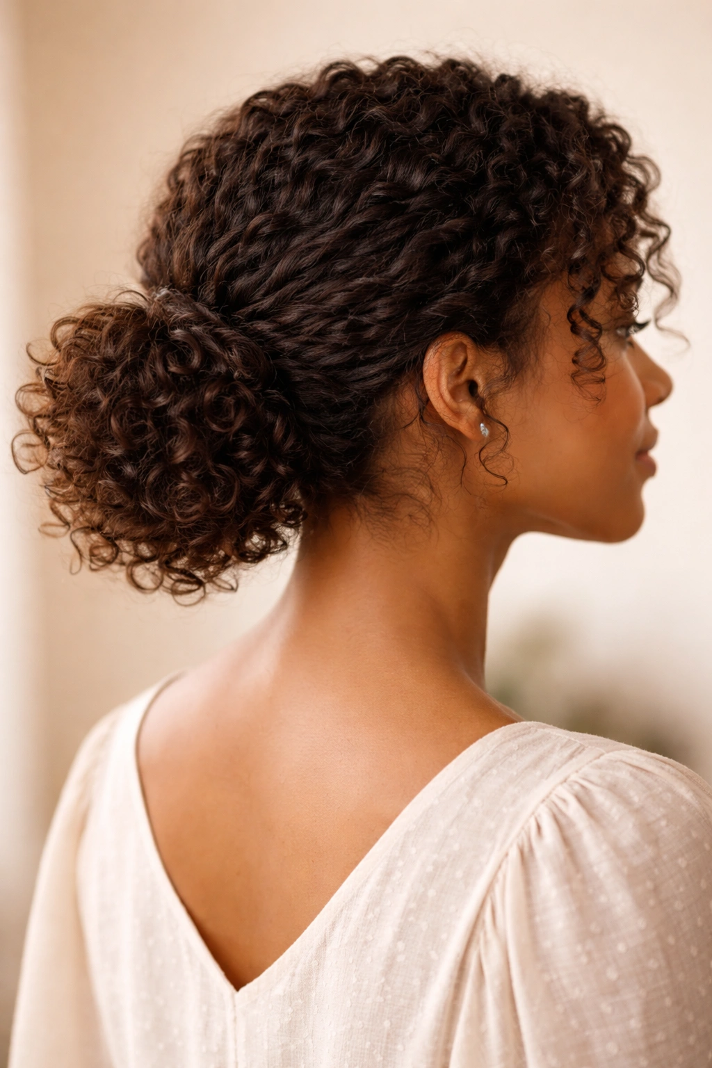 Low pineapple bun at the nape with curls peeking out