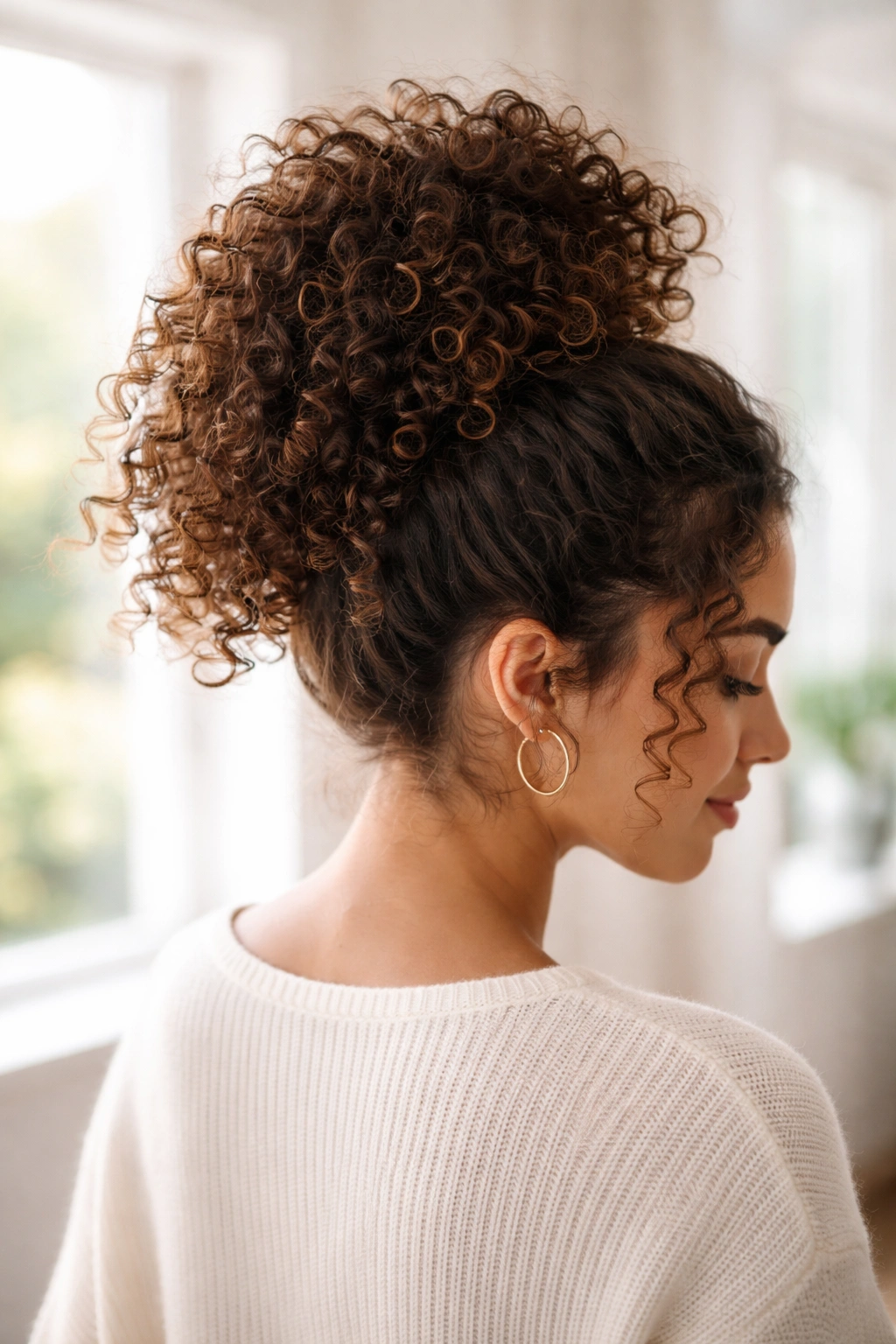 Pineapple bun on top of head with curls fanning out