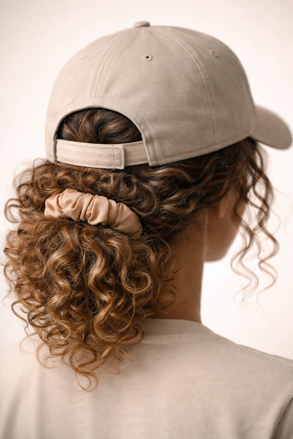 Close-up of a pineapple beneath a baseball cap showcasing a low crown for curly-hair styling