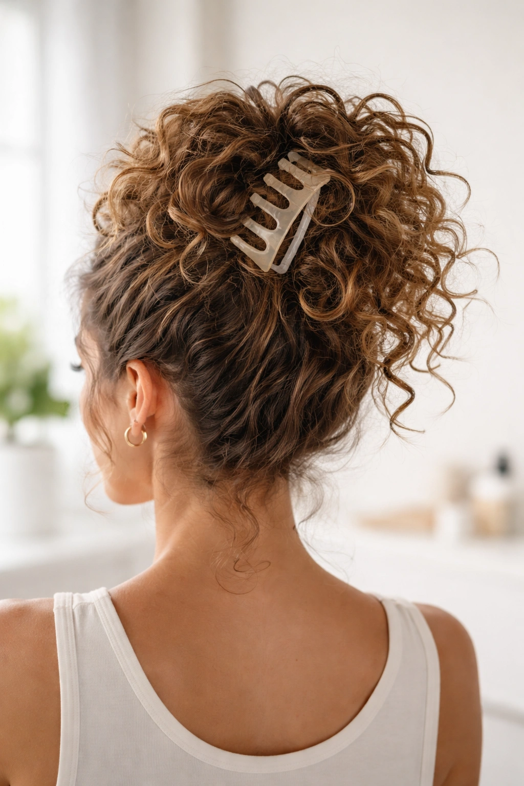 Close-up of a high pineapple clip securing curly hair in an airy crown