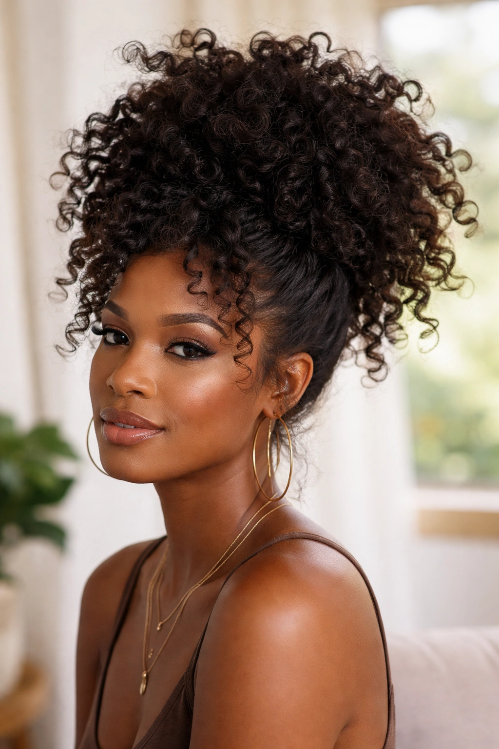 High pineapple crown with loose ends and clip-ins around the crown