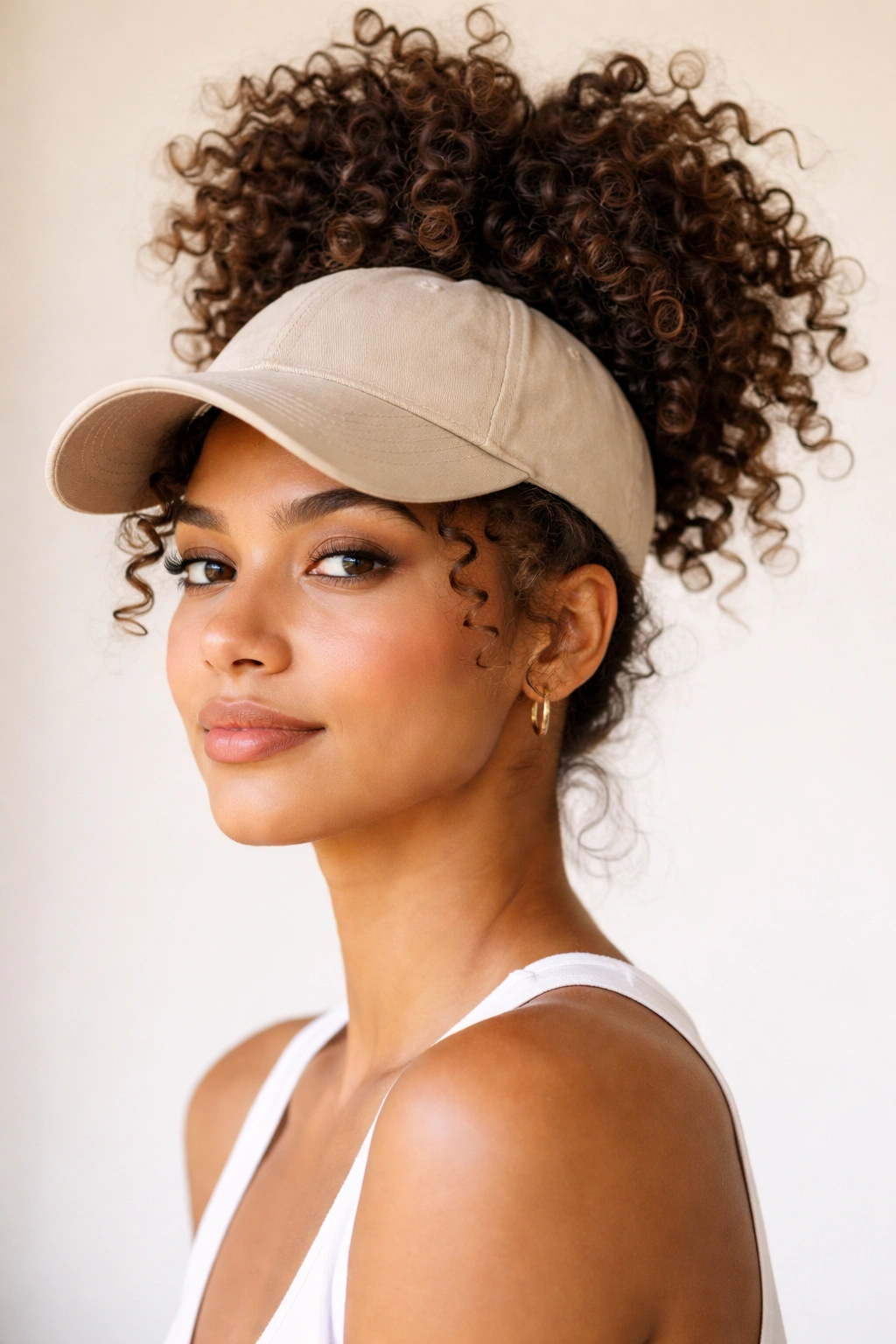High pineapple under cap on curly hair with crown volume