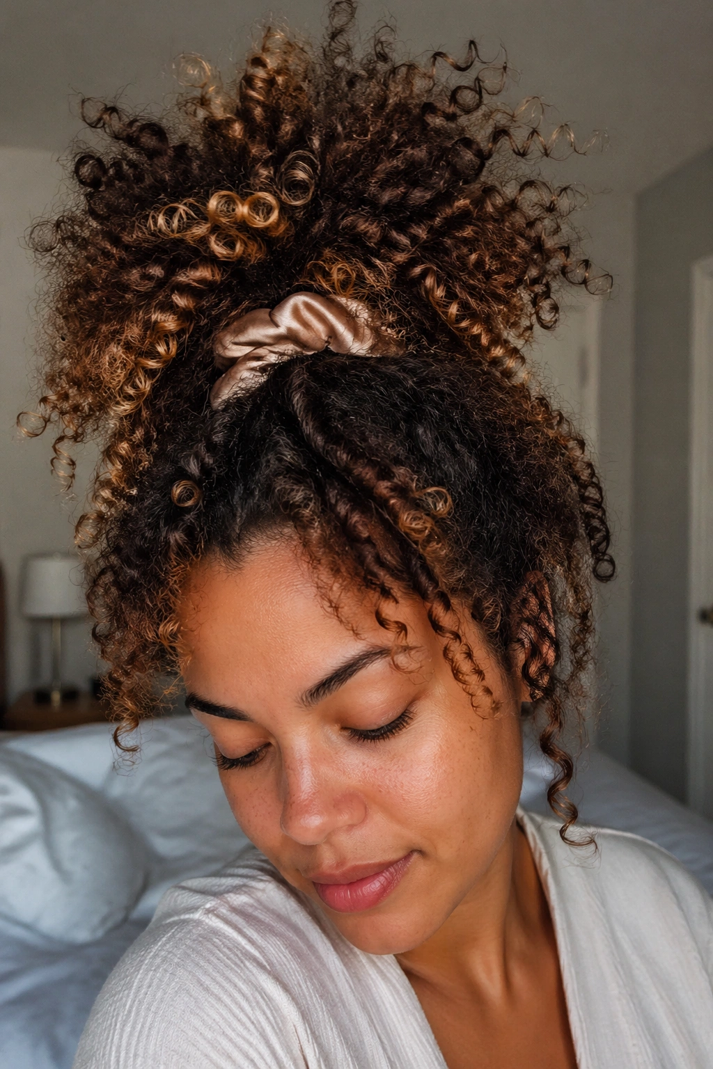Close-up of a real woman wearing a loose pineapple topknot to preserve curls for second day.