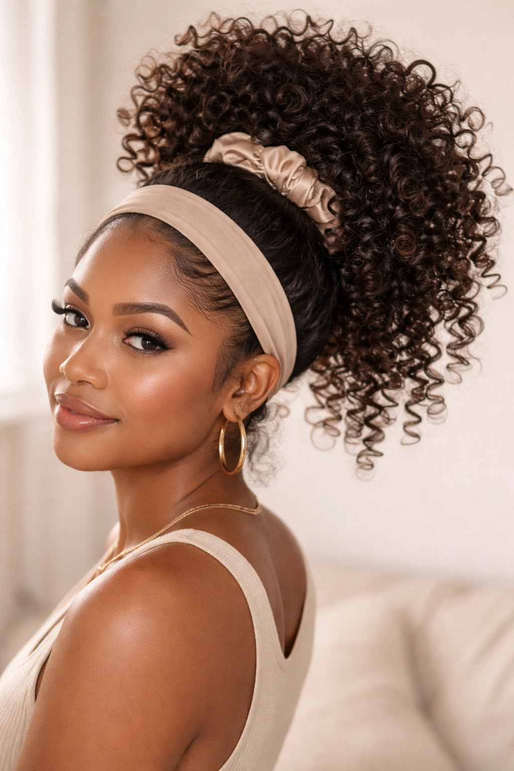 Pineapple curly ponytail on top of head with satin scrunchie