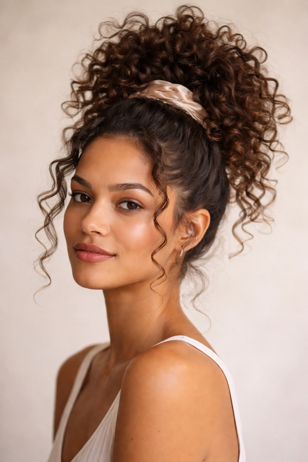 Close-up of high pineapple hairstyle with satin scrunchie on curly hair
