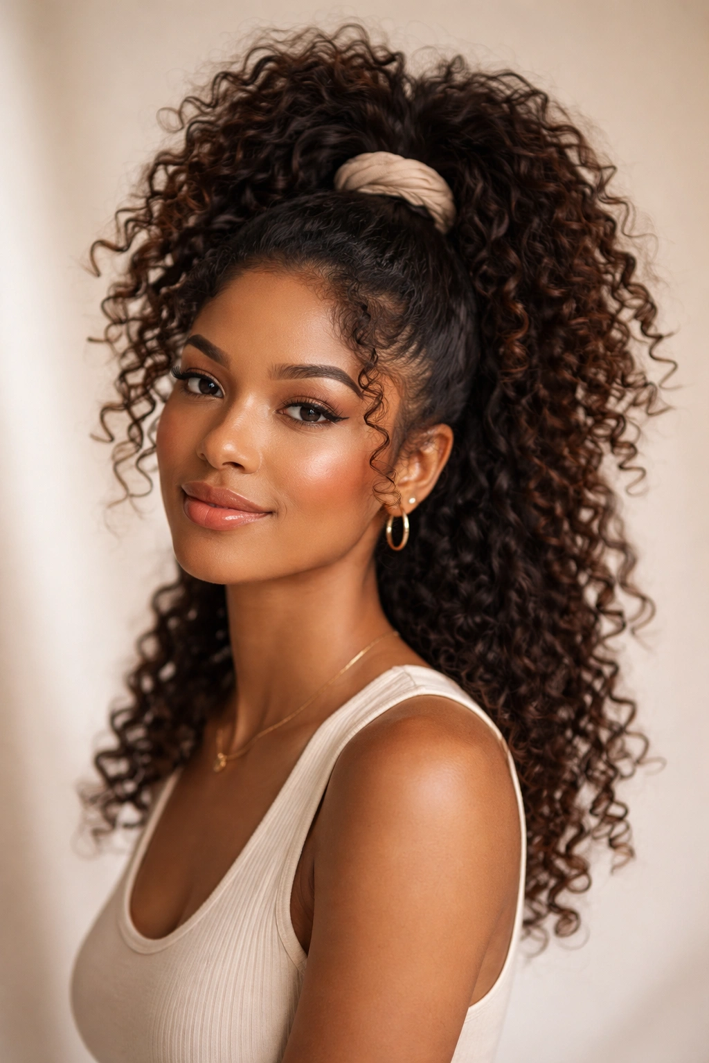 High half-up pineapple pony with curls hanging freely