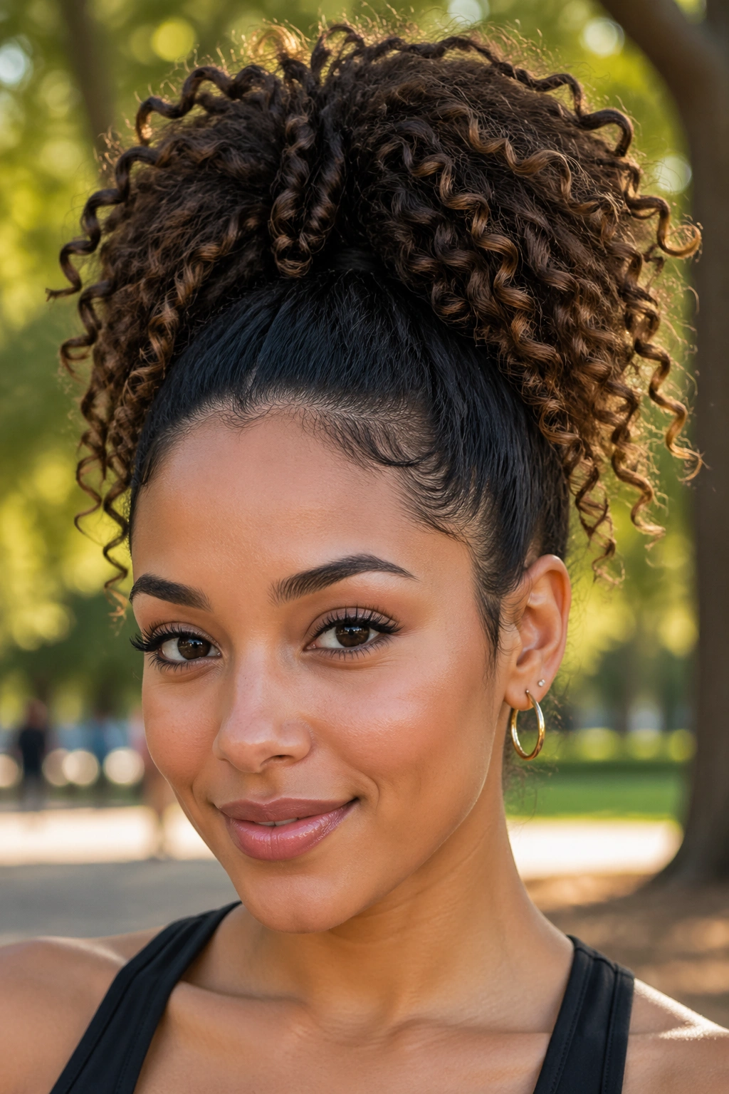 Close-up portrait of a real woman with a pineapple-style high ponytail in natural light