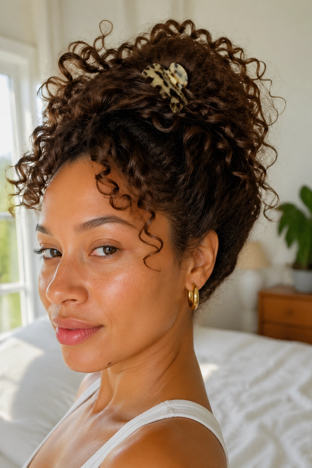 Real woman with pineapple lift hairstyle on curls