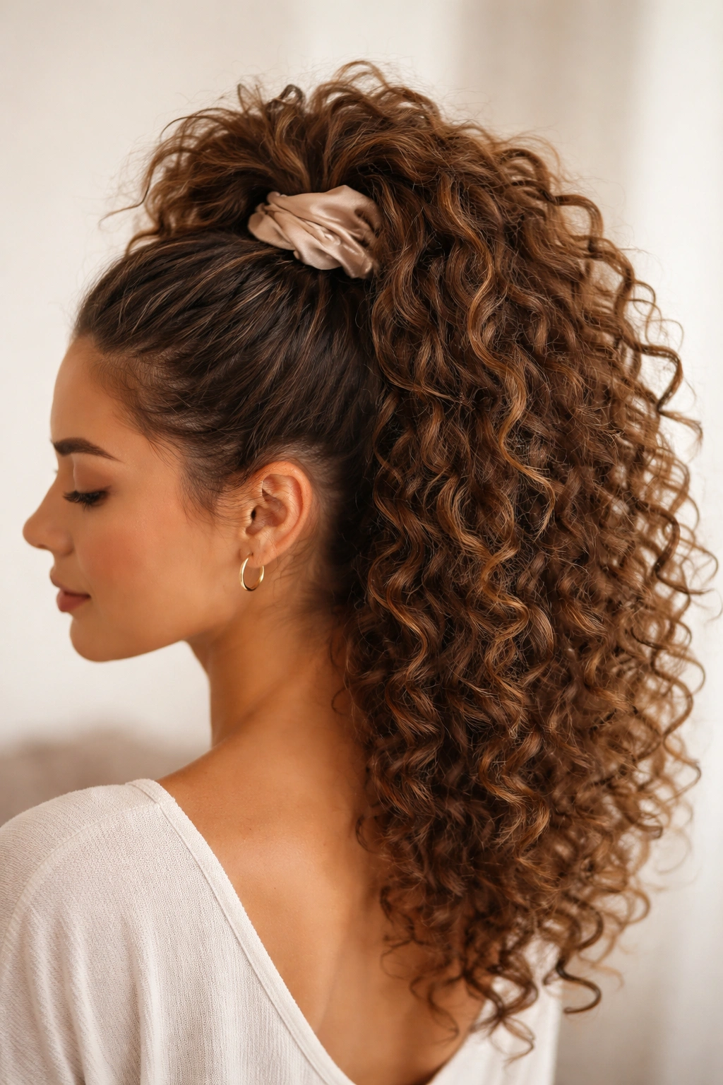 Close-up of Pineapple Ponytail showing top-volume curls and satin scrunchie
