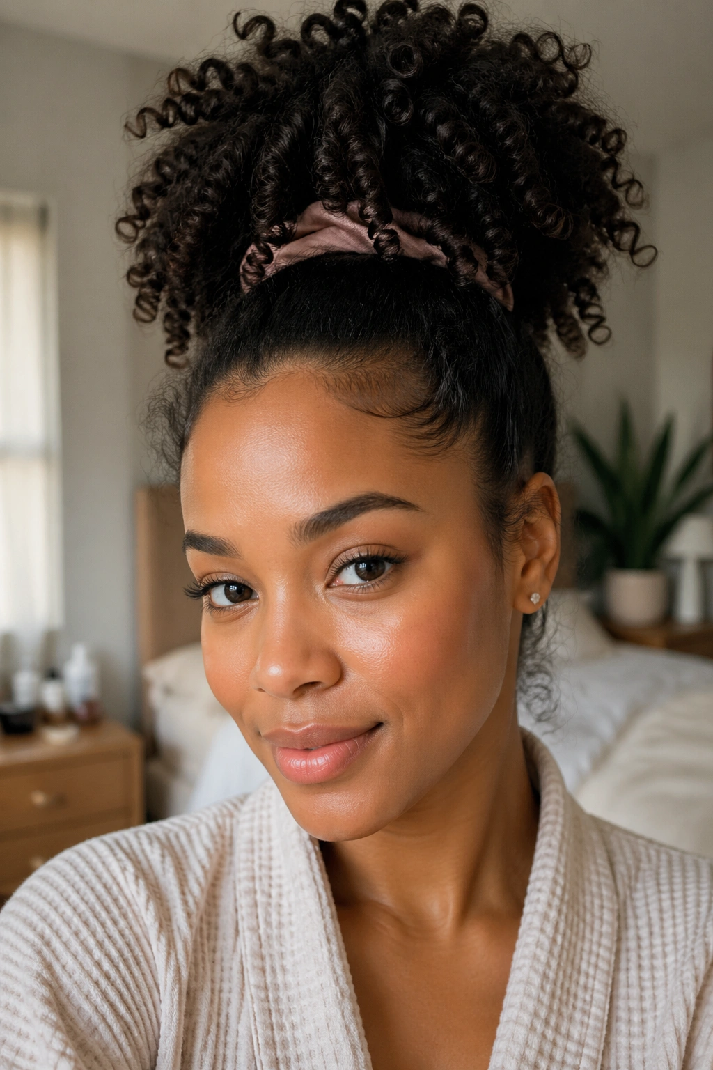 Close-up of a real person with a high pineapple ponytail and curled crown