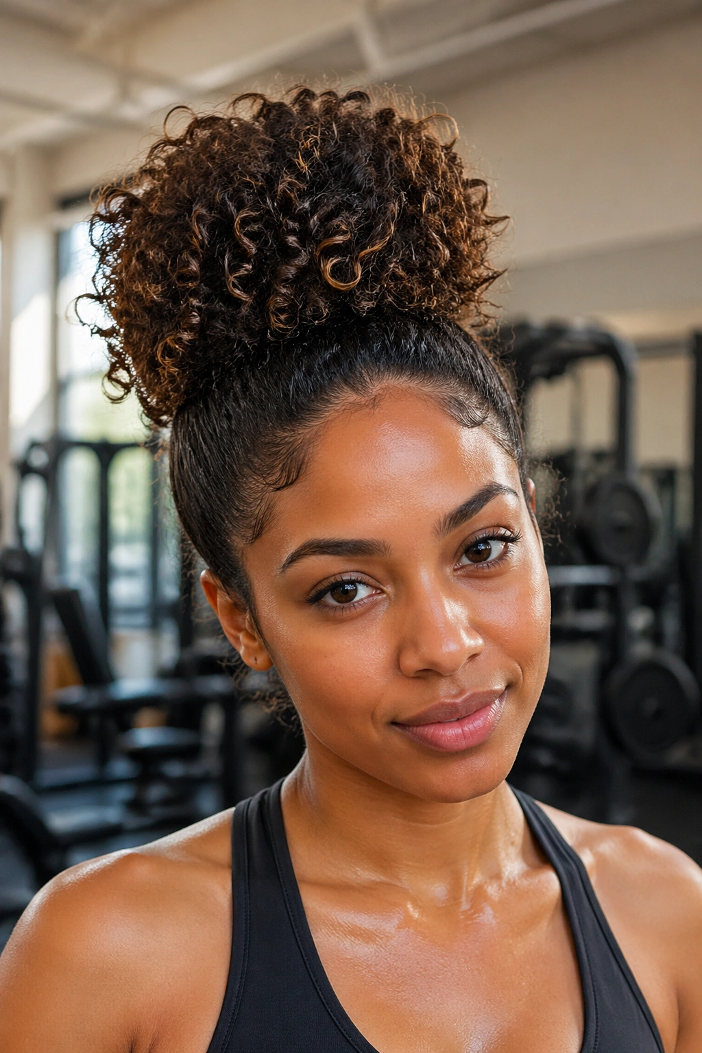 Real woman in gym with pineapple ponytail preserving curl pattern.