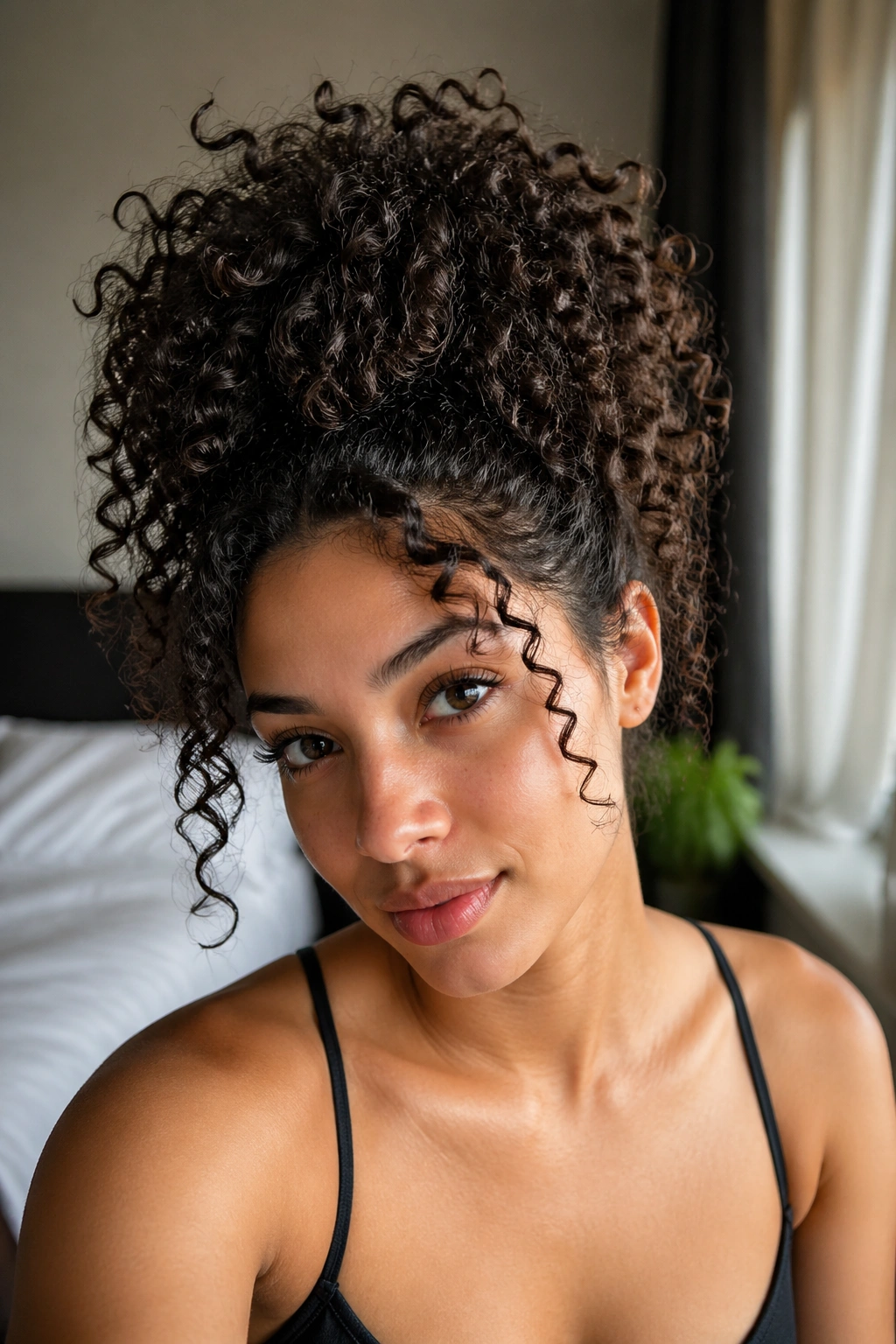 Close-up of a real woman with a high pineapple ponytail and fluffy curls around the face