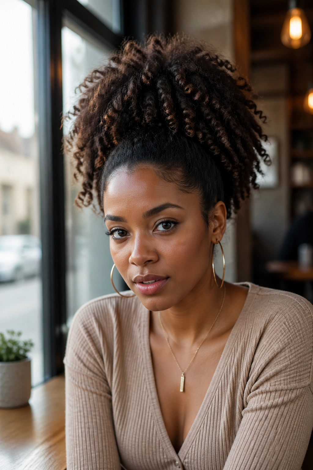 Close-up of a real person with a high pineapple ponytail and defined curls at a cafe window