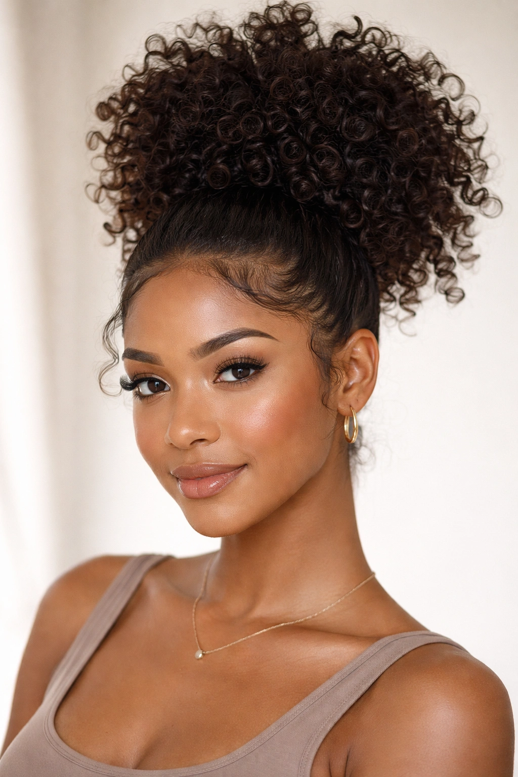 Pineapple ponytail with curved baby hairs framing the hairline