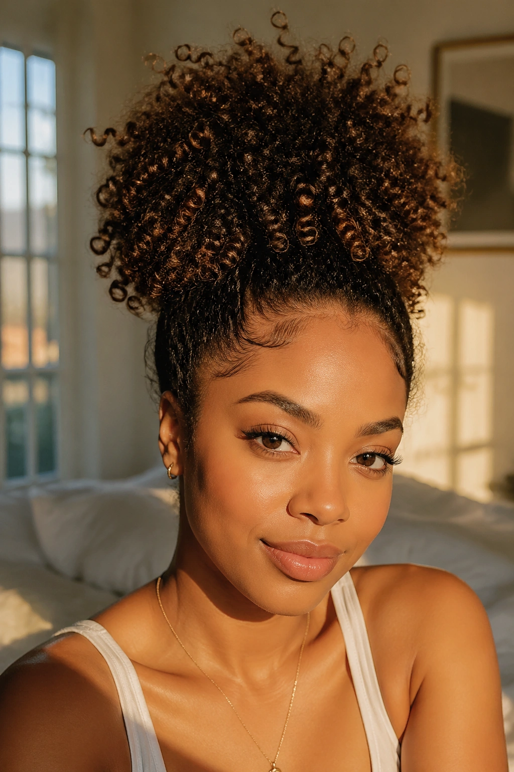 Close-up of a real woman with a pineapple puff hairstyle at the crown.