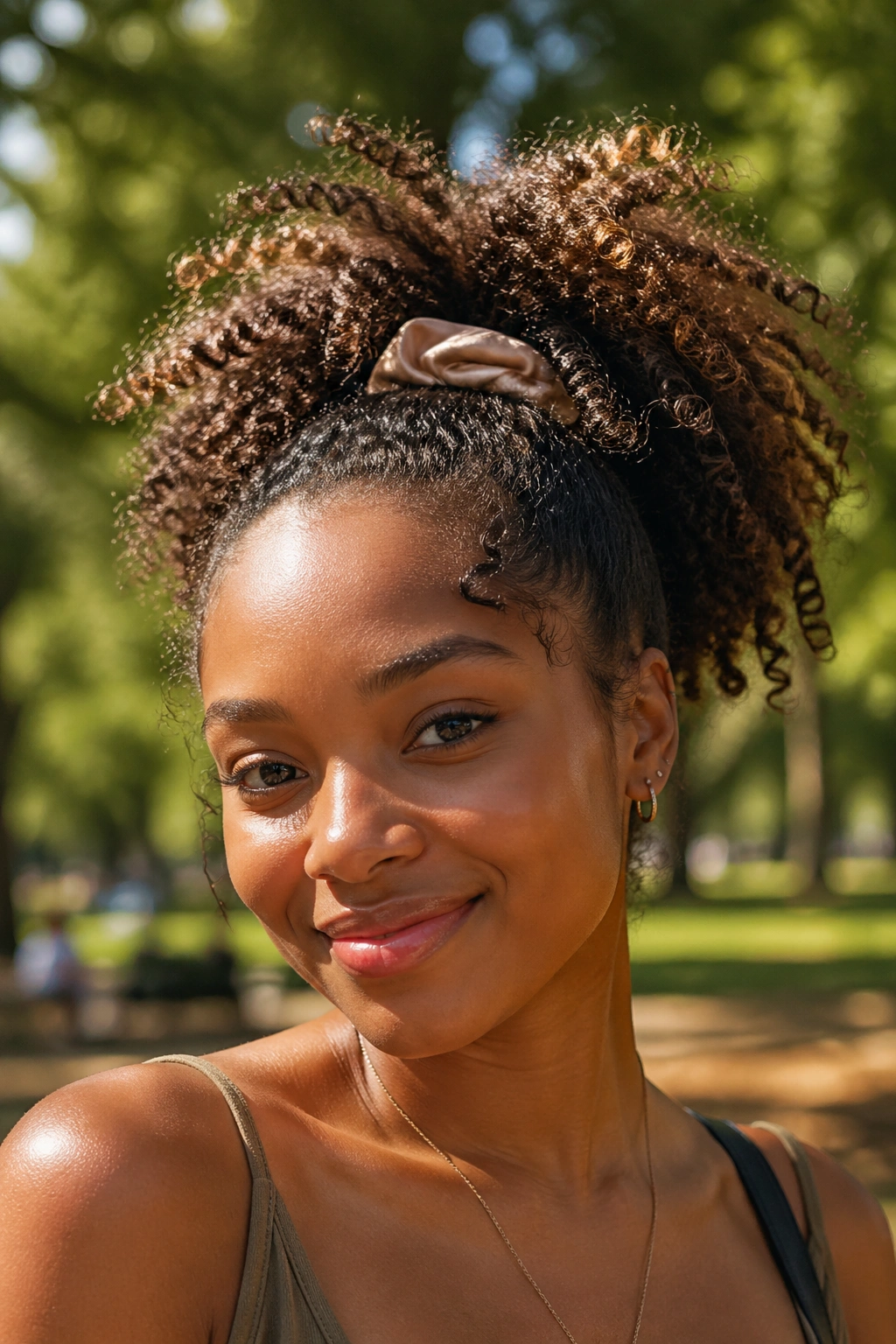 Close-up portrait of a real person with a high pineapple puff and visible scrunchie.
