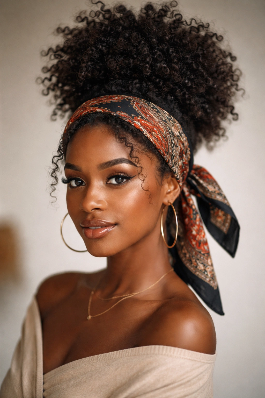 Pineapple puff with a bandana low in front and a back tie