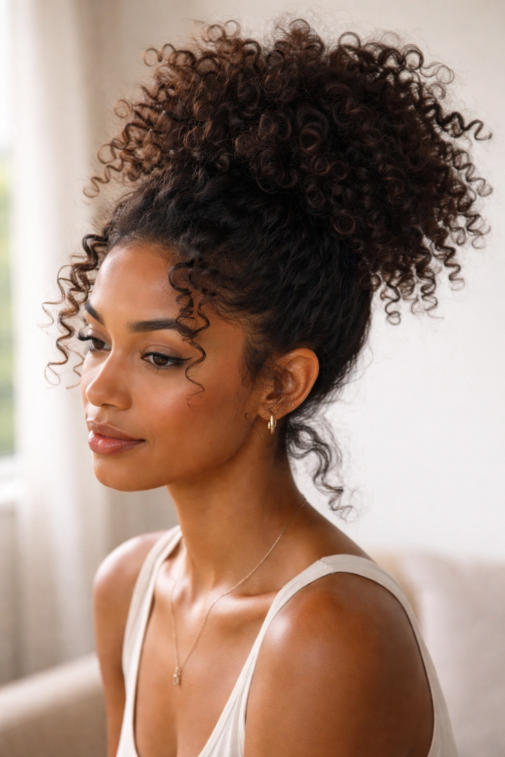 Close-up of a high pineapple puff with textured curls.