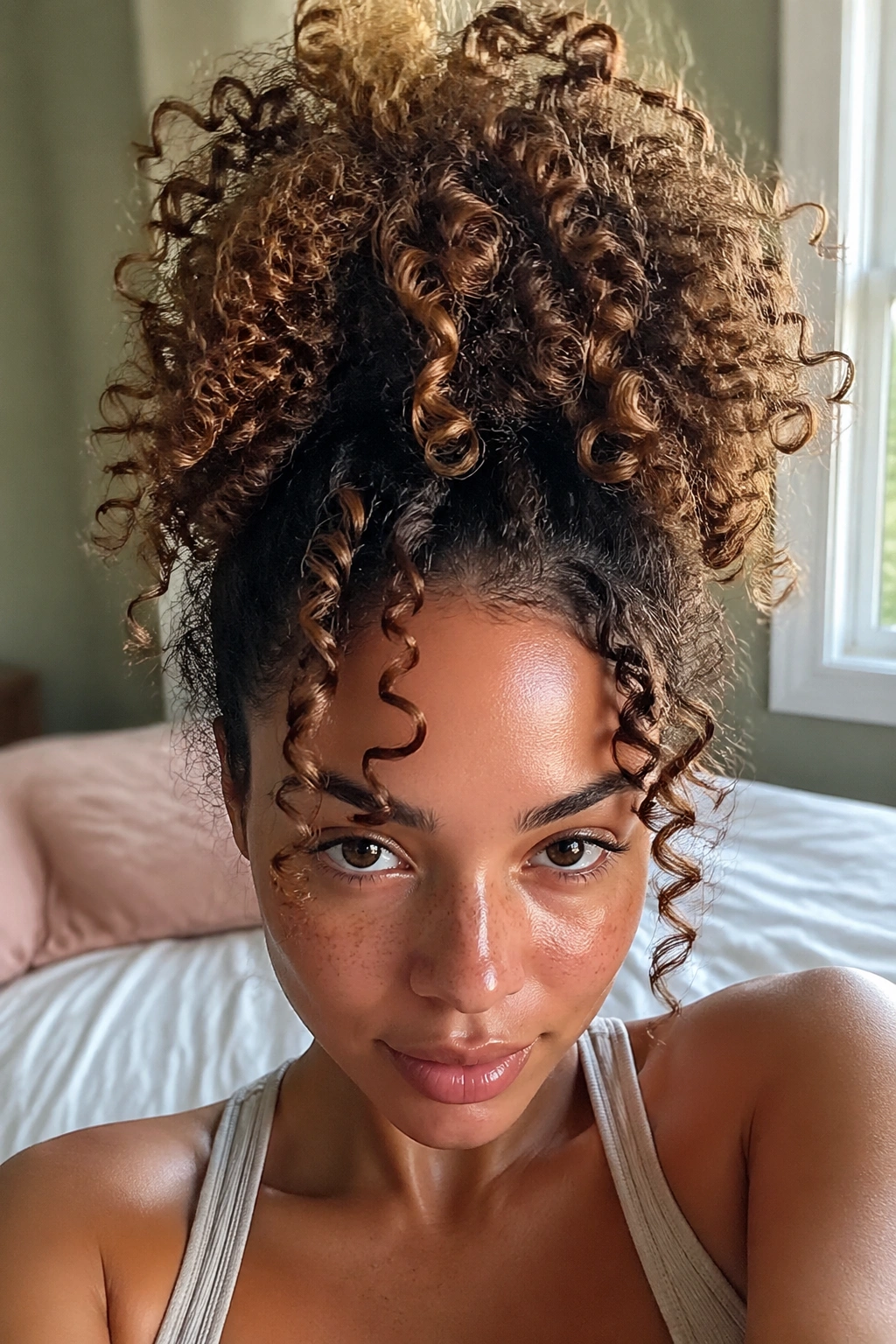 Close-up of pineapple puff at crown on a real person in a softly lit bedroom