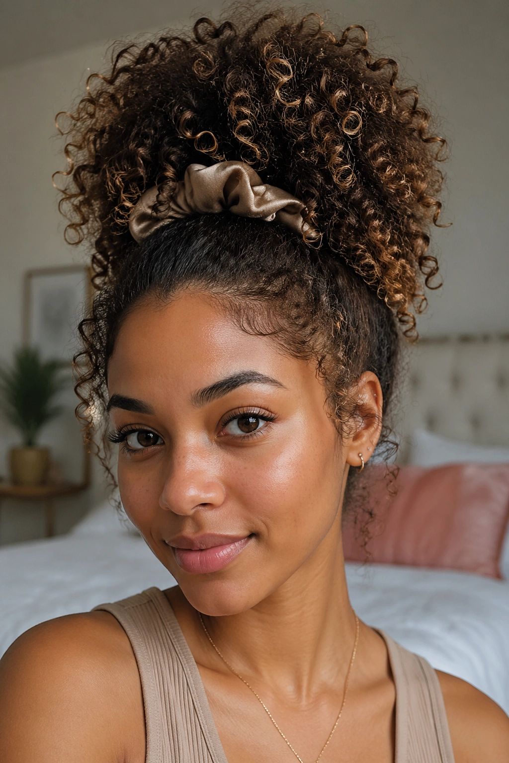Close-up of a real woman with a pineapple puff hairstyle at the crown