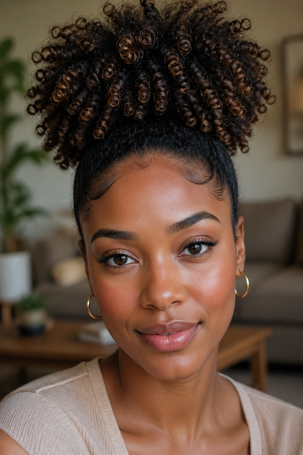 Close-up of a real woman wearing a high pineapple puff hairstyle