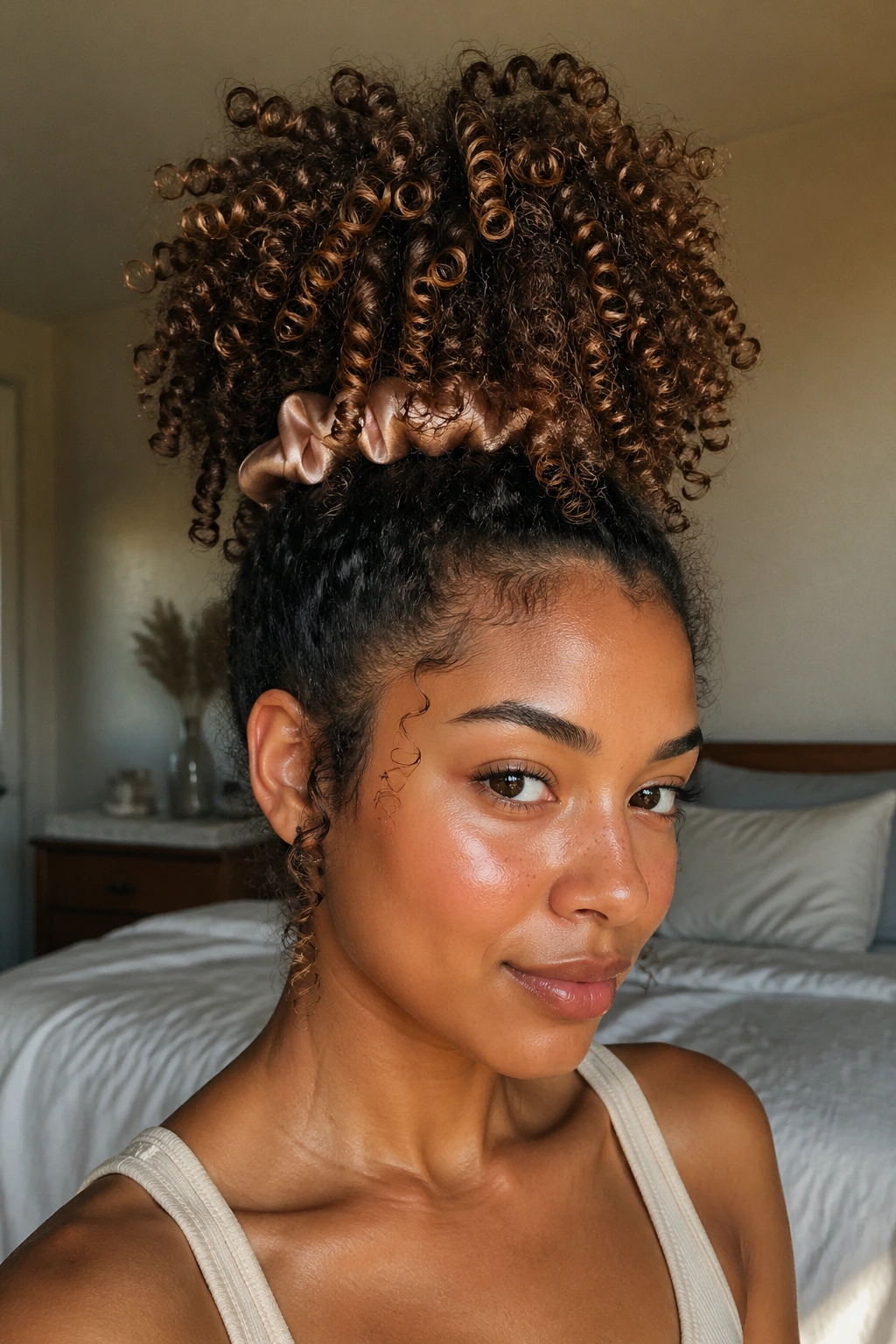 Close-up of a real woman with a high pineapple puff and crown curls under warm window light.