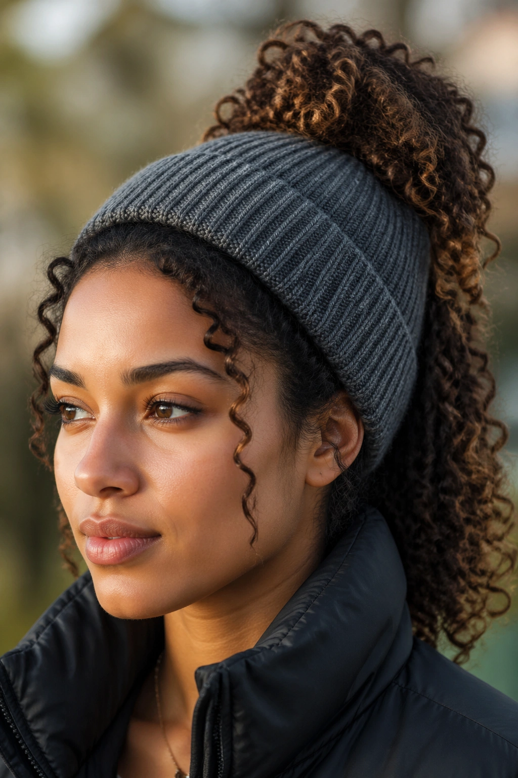 Pineapple puff with curls spilling out behind the beanie on a real person.