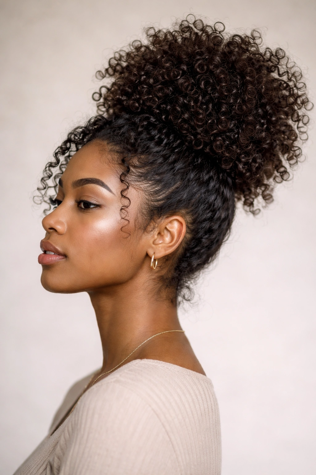 Close-up of a high pineapple puff hairstyle on curly hair