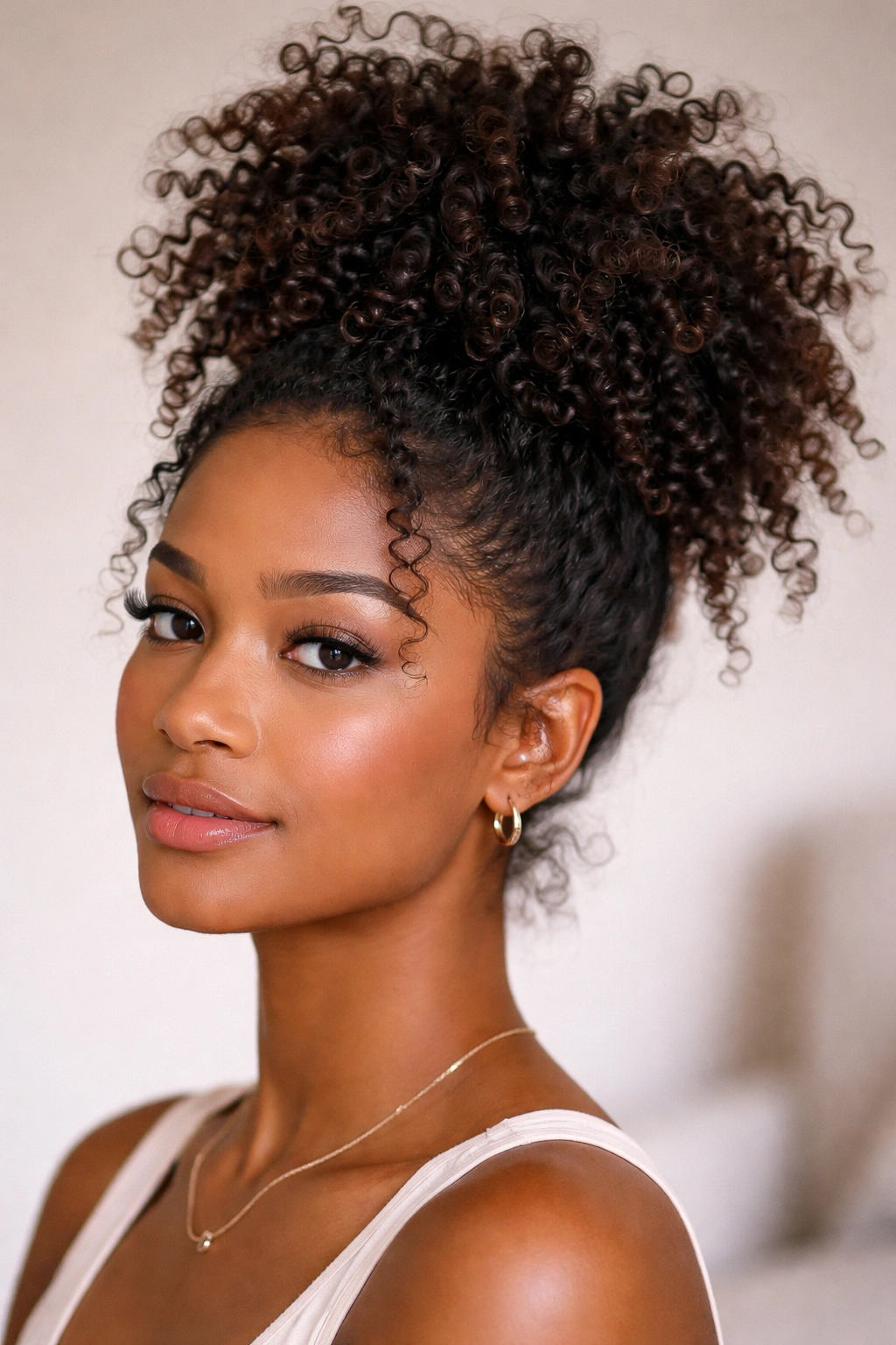 Pineapple puff on day-two curls with lifted crown and upward curls