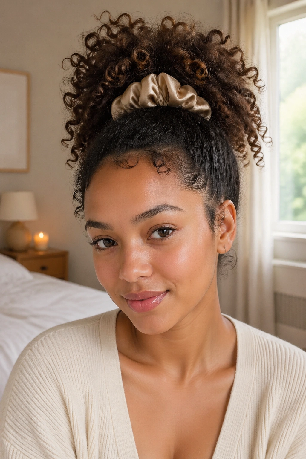 Close-up portrait of a real woman wearing a pineapple puff with a high crown and loose ends.