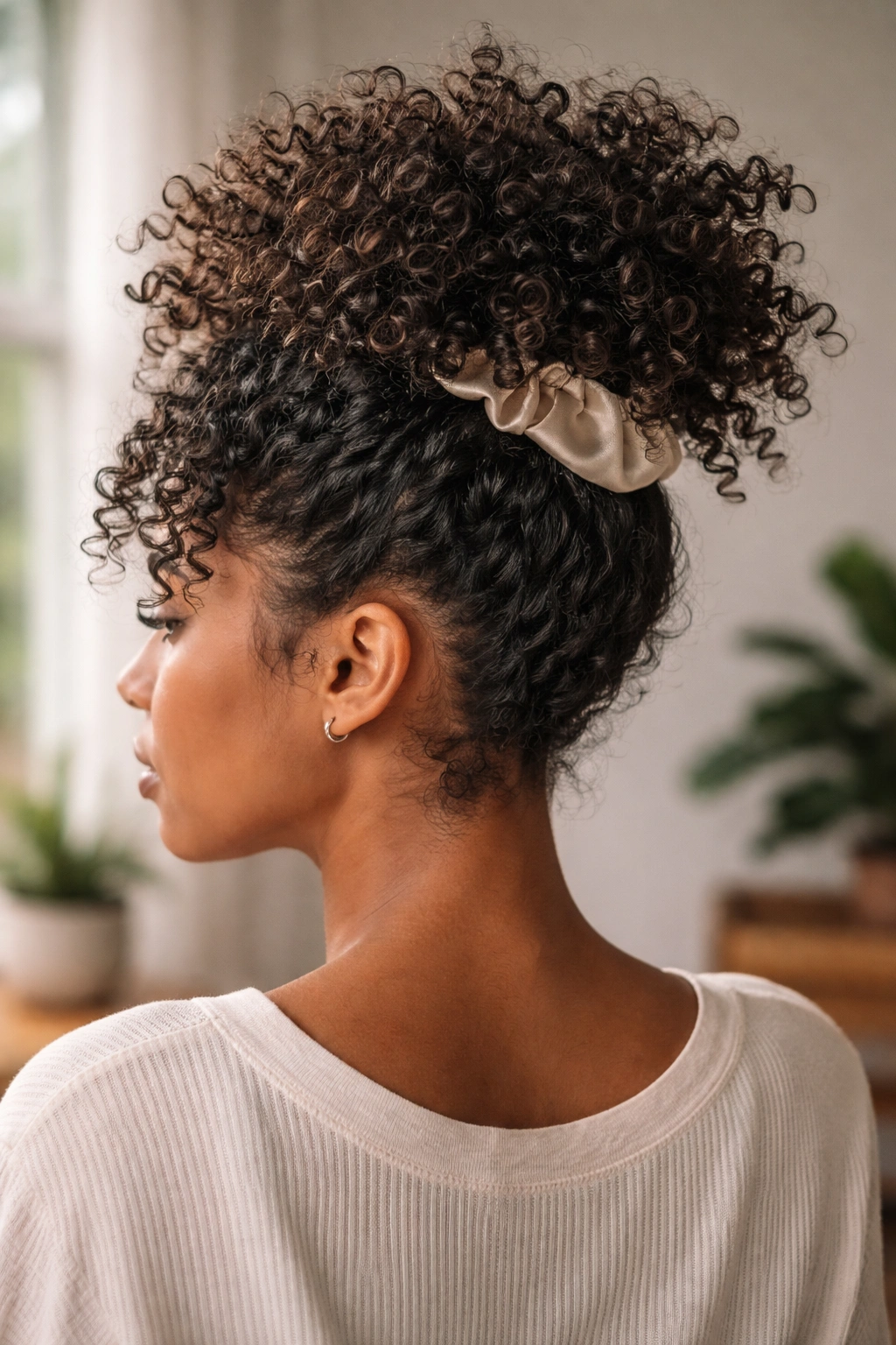 Close-up of a short curly hairstyle with an airy pineapple puff at the crown and satin scrunchie