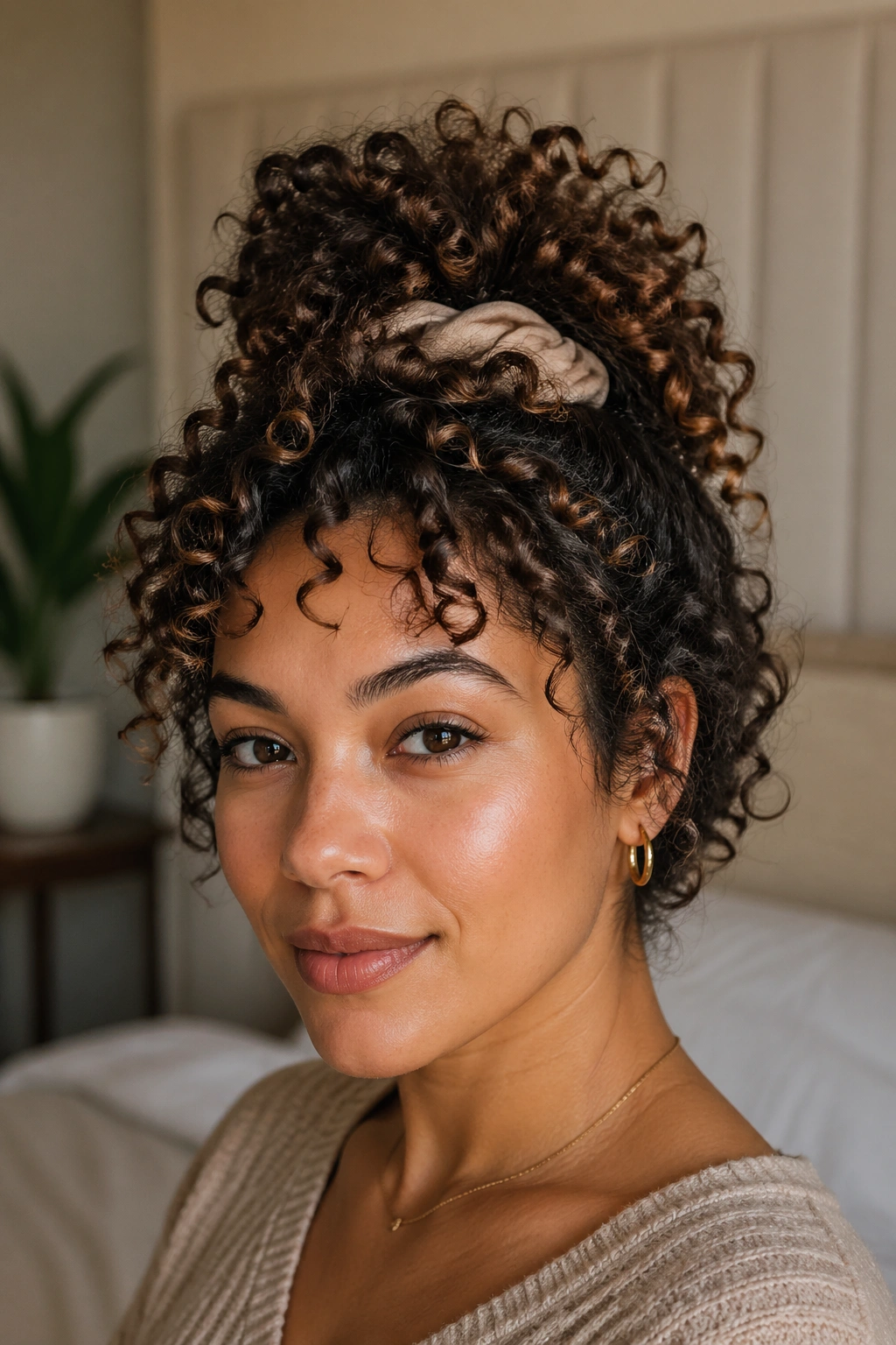 Close-up of a real woman with a pineapple puff on a short curly bob, natural light.
