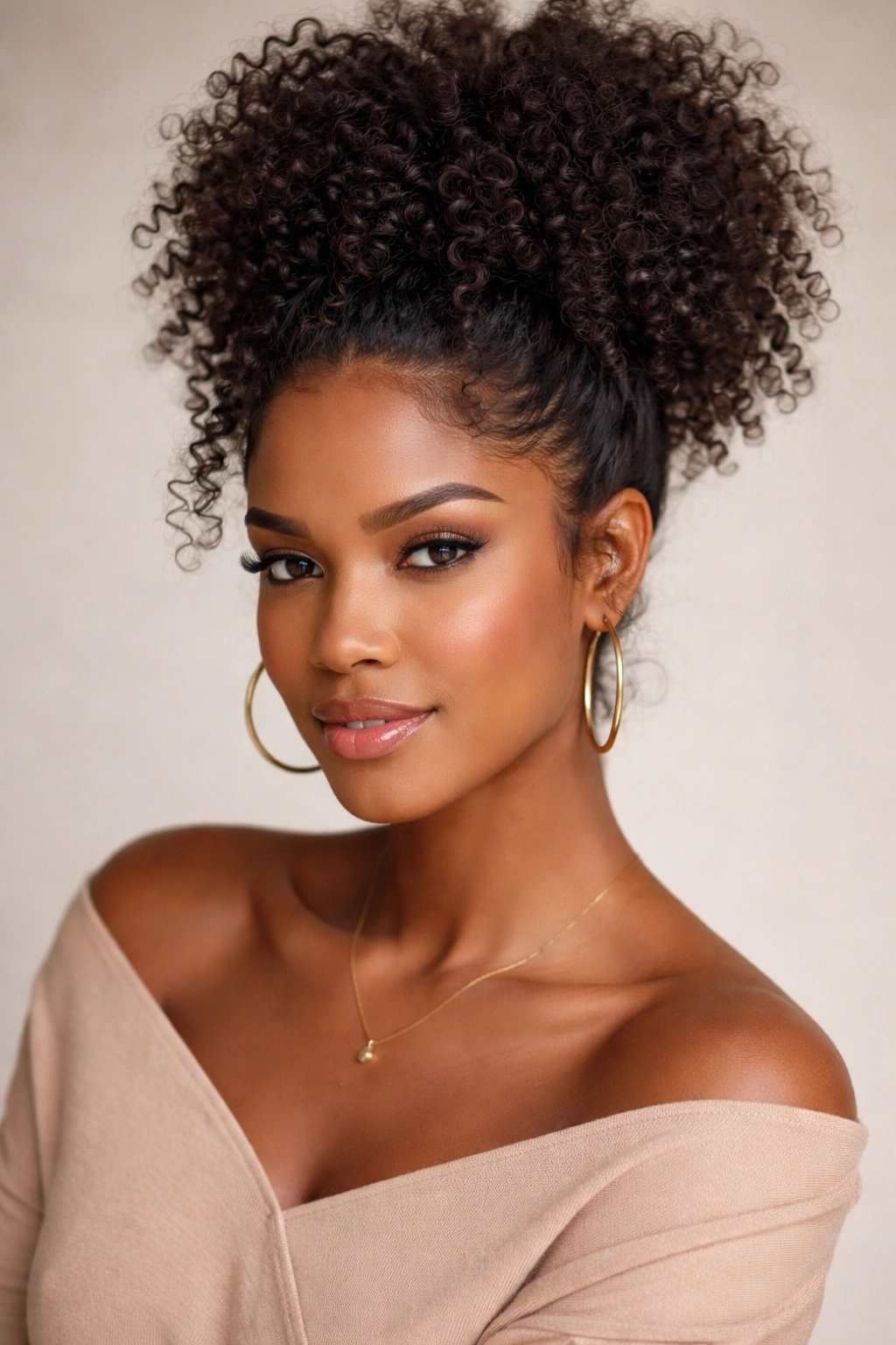 Airy pineapple puff on square/rectangular face with soft curls around temples.
