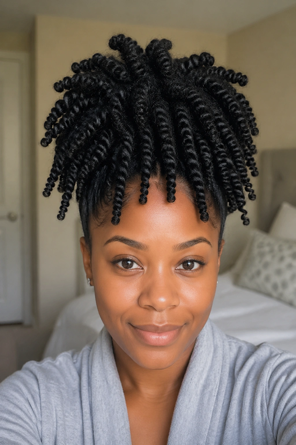 Front portrait showing a pineapple twist puff at the crown on a real person.