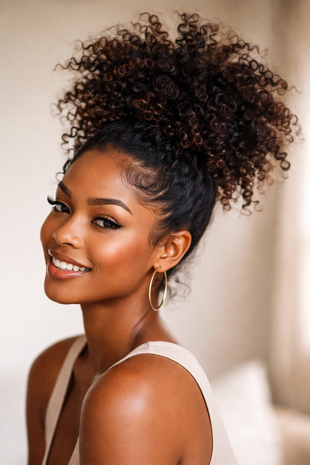 Pineapple updo with hair gathered high on the crown